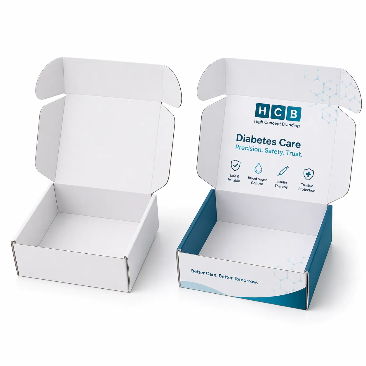 Two sturdy cardboard shipping boxes, one plain and one with blue medical branding for insulin. class=